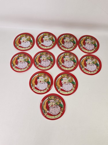 Vtg Coasters Santa Claus Plastic Gipped Bottom Set Of 11 Merry Christmas Red - Picture 8 of 8