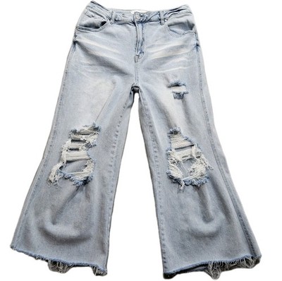 Risen Jeans Women 15 / 32 Blue Hank High Rise Frayed Wide Leg Cropped Distressed