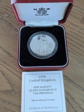 1996 Royal Mint UK Silver Proof £5 Crown Elizabeth II 70th Birthday Case & COA