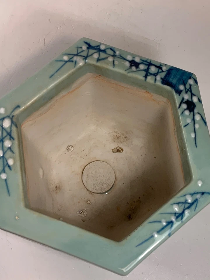 Antigua maceta bonsái Celadon verde cerámica pintada a mano flores de cerezo 7" Foto 4 de 4