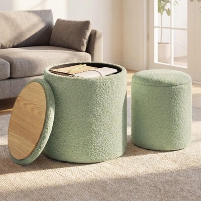 Storage Ottoman Set of 2 Round Teddy Fleece Laurel Green SONGMICS ULOM013CZ01