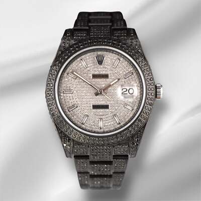 Rolex Men's Datejust 41mm Black IcedOut 11ct baguette diamond Watch 116300 Paper