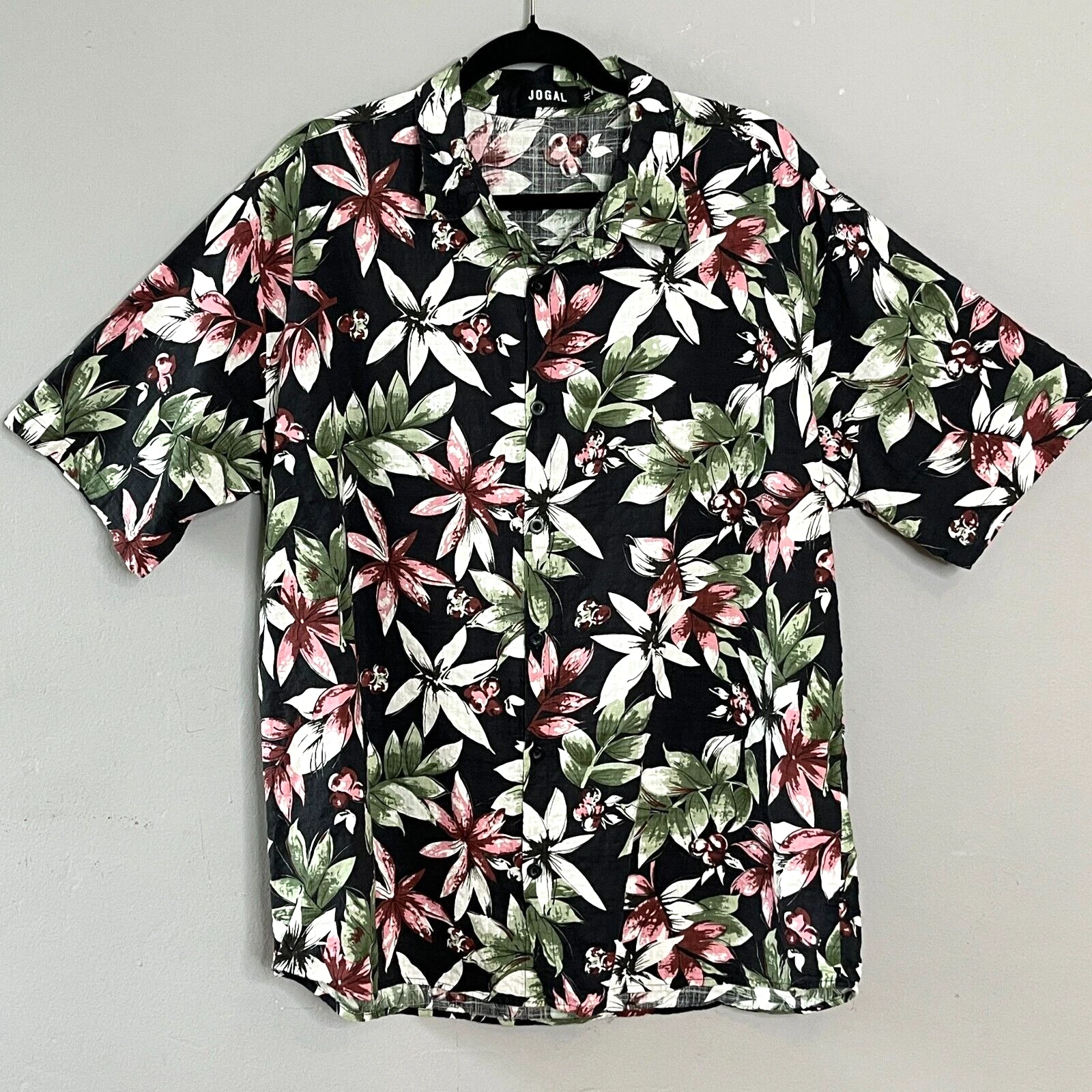 JOGAL Button Down Short Sleeve Hawaiian Shirt Black XL Work Summer Vacation