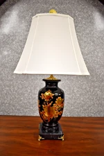 26" MIRROR BLACK CHINESE PORCELAIN JINGDEZHEN VASE LAMP  "GOLD/COPPER PEONY "