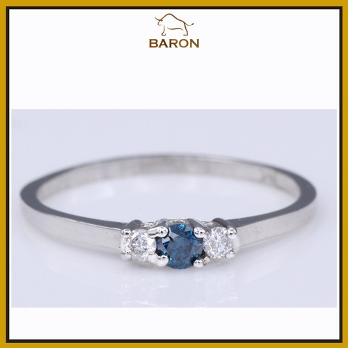 ANILLO DE DIAMANTES AZULES DE 3 PIEDRAS Y DIAMANTES BLANCOS SÓLIDOS ORO BLANCO 14K TALLA 8 - Imagen 11 de 17