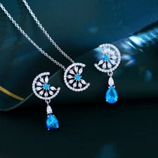 Silver Plated CZ Blue Drop Symmetrical Earrings Pendant Necklace Jewelry Set