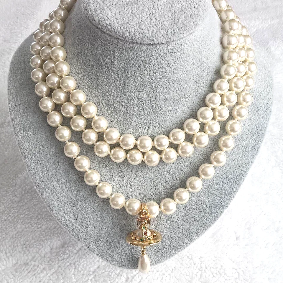Vivienne Westwood Three Row Triple Layer Pearl Drop Gold Necklace Choker