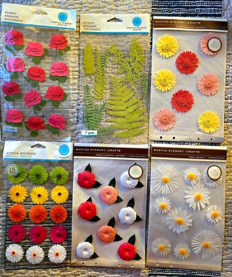 Lot 8 pks., 74 pcs. MARTHA STEWART FLORAL STICKERS: Roses, Daisies, Zinnias, etc