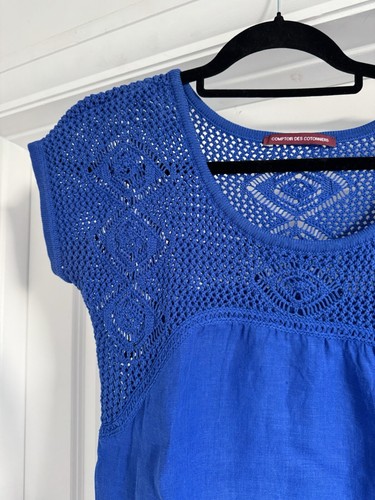 Comptoir Des Cotonniers Size M 100% Cotton Blue Short Sleeve Crochet Dress Frock - Picture 4 of 17