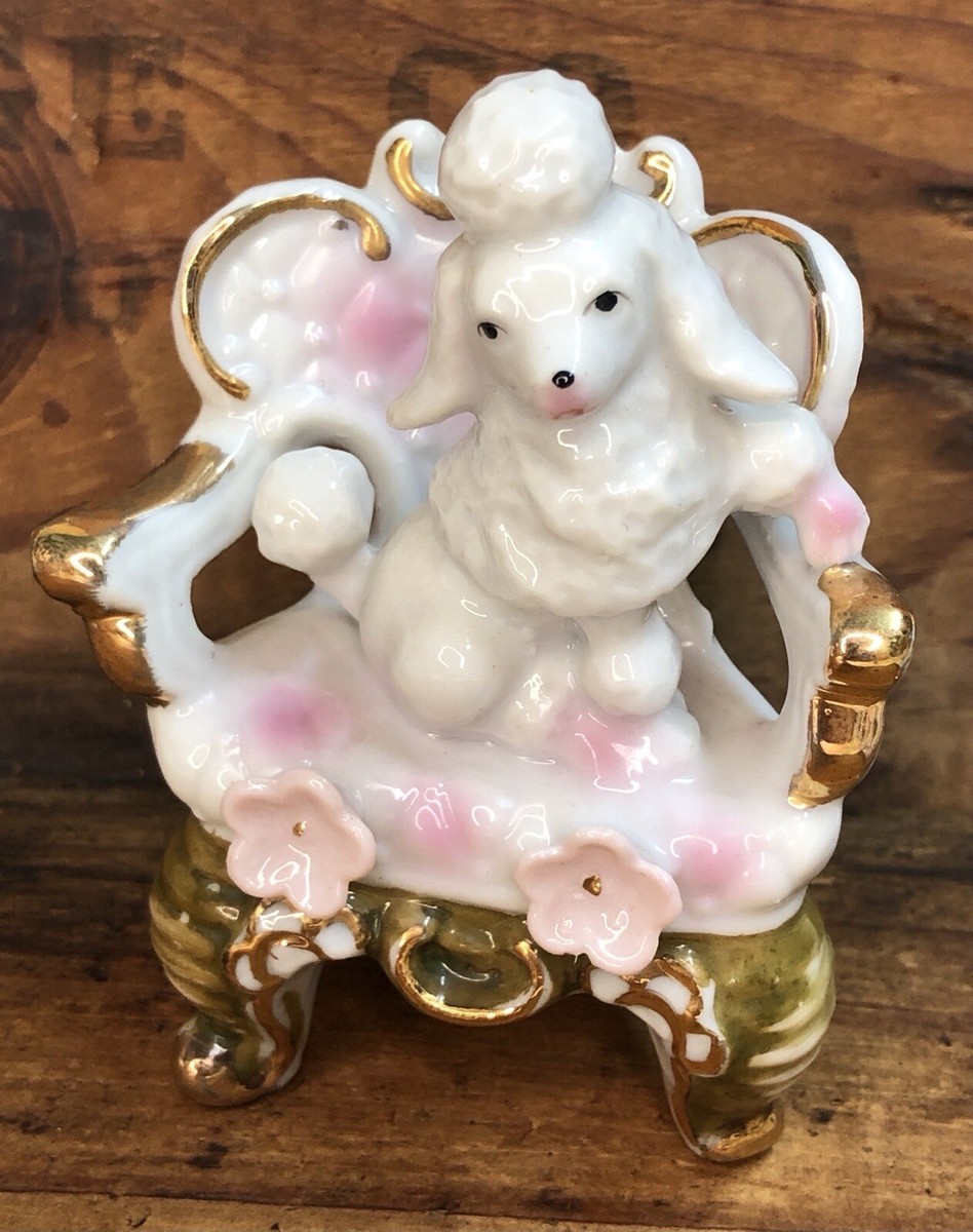 Antique Poodle In Chair Figurine Porcelain Red Letter Japan 3 1/4