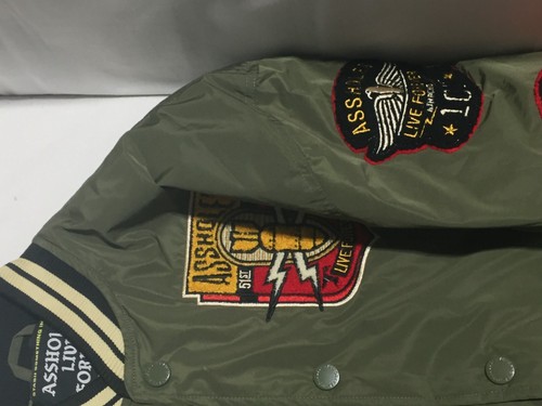 P4 ALF A**HOLE'S LIVE FOREVER Bomber Jacket with Patches Olive Mens Size Large - Picture 6 of 10
