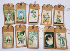 10-St Patrick's Day-Primitive~Grungy-Handmade-Glitter-Linen Cardstock-Gift Tags