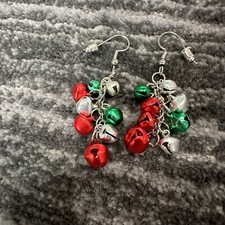 Christmas Jingle Bell Earrings Charm Dangle Drop Red Green Silver Tone NEW