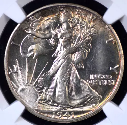 1941 S WALKING LIBERTY HALF DOLLAR NGC MS 64 HARD CHROMEY LUSTER, AMBER ON THE