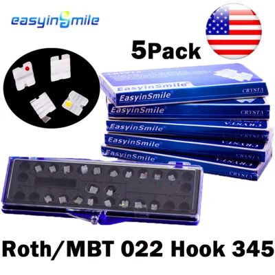 EASYINSMILE 5PK Dental Ceramic Brackets Orthodontic Mini Clear Braces MBT/ROTH 022 345 Hooks