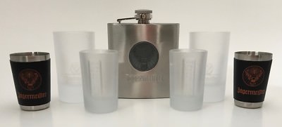 Mixed Lot Of 6 Jagermeister Shot Glasses And Stainless Steel 6-Ounce Flask