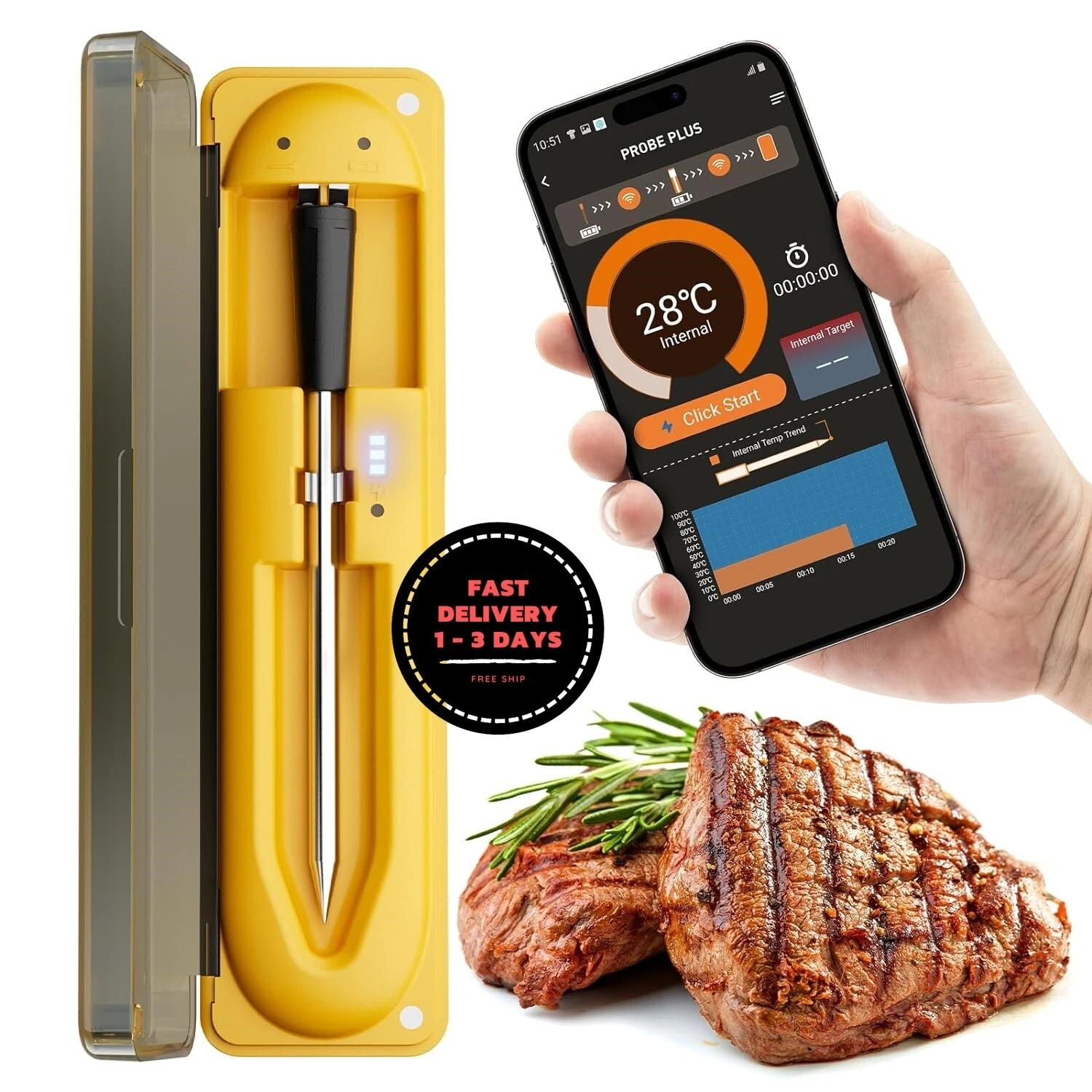 Termómetro inalámbrico para carne, control inteligente de aplicaciones