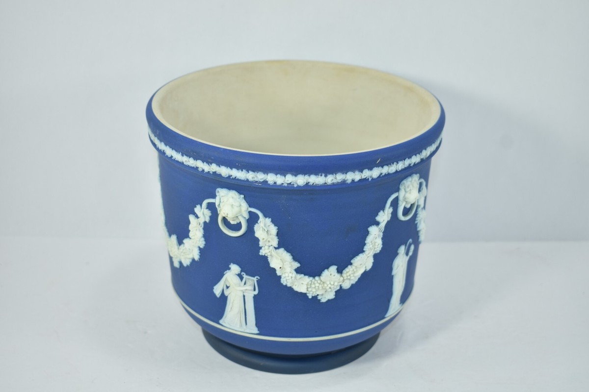 LARGE, ANTIQUE WEDGEWOOD DARK BLUE JASPERWARE, PLANTER/CACHE POT