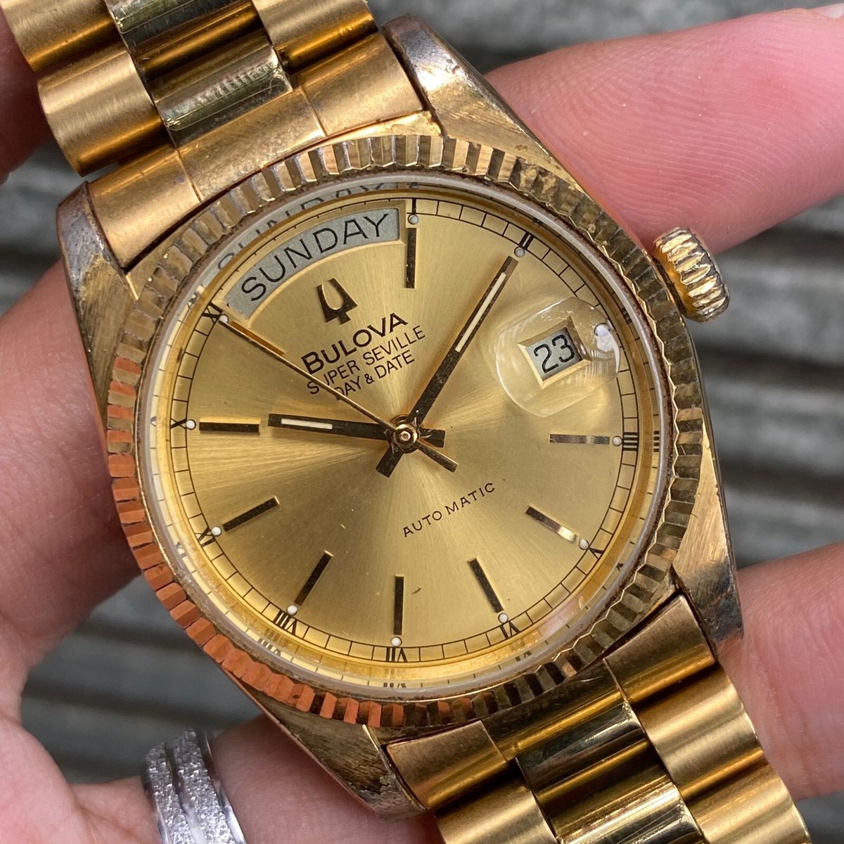 Rare Bulova President Super Seville Day Date Gold Automatic Rare Bulova President Super Seville Day Date Gold Automatic