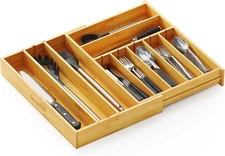 2.5" High Bamboo Silverware Drawer Organizer with Labels, Kitchen Utensil Expand