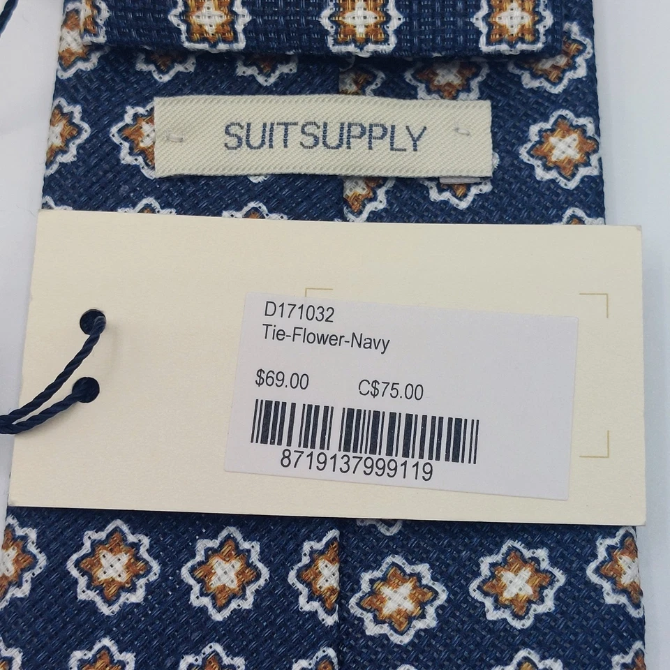 Corbata para hombre Suitsupply lino mezcla seda flor azul marino 3 pulgadas de ancho hecha en Italia ¡NUEVA! Foto 4 de 4