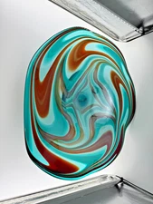 Huge Hand Blown Studio Art Glass Platter/Statement Bowl ~25” Teal Rust Swirl