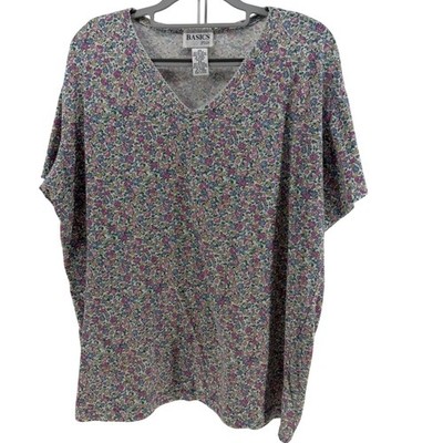 Basics Plus Top Women 2X Multicolor Floral V-Neck Short Sleeve Cottagecore Boho