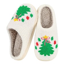 Womens Christmas Tree Slippers Size 9-10 Fuzzy Plush Holiday House Shoes White