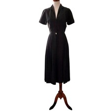 Mollie Parnis 1950s Designer Classic Black Shirt Dress Size Small Full Skirted