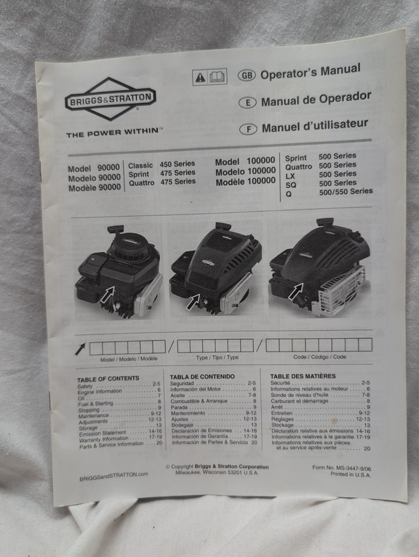 Engine Operator Instruction Manual Briggs & Stratton classic 450 model 90000