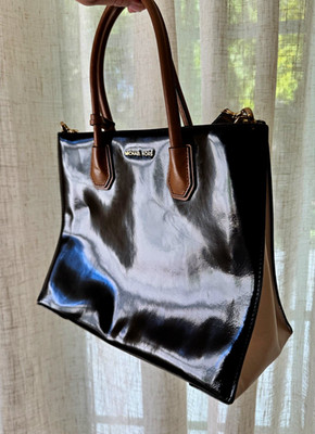 Michael Kors Patent Leather Satchel Black/Brown Zip, Detachable Crossbody