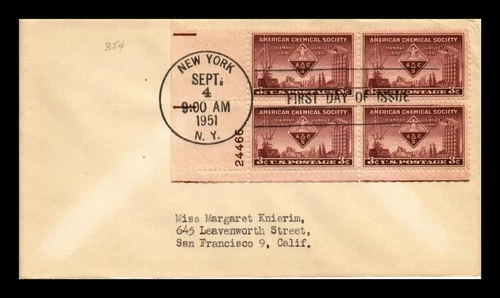 DR JIM STAMPS US COVER AMERICAN CHEMICAL SOCIETY FDC SCOTT 1002 PLATE BLOCK