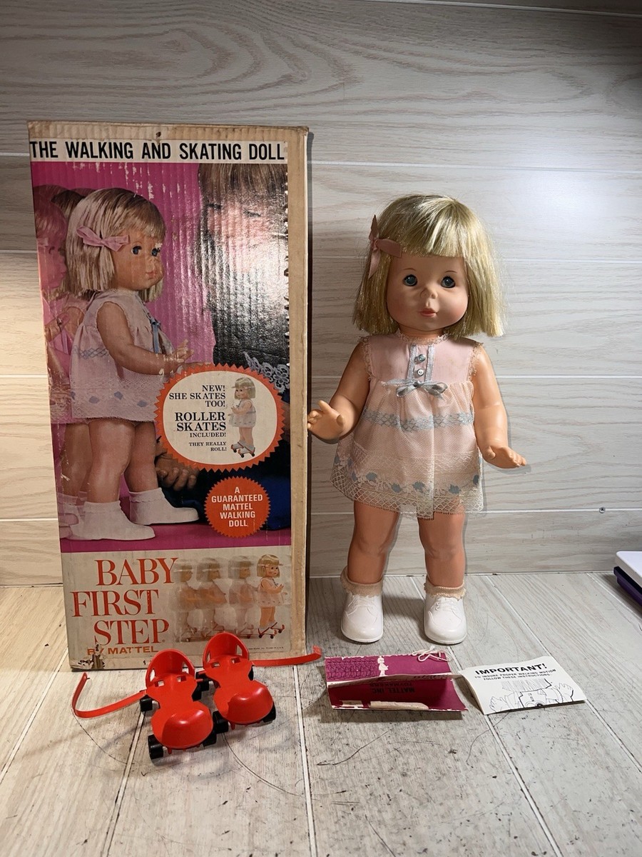 Vintage Baby First Step Doll 1964 Mattel Walking Toy /Box /Skates