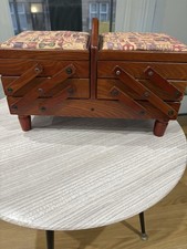 Vintage SEWING BOX Cantilever with contents  1950s solid wooden box
