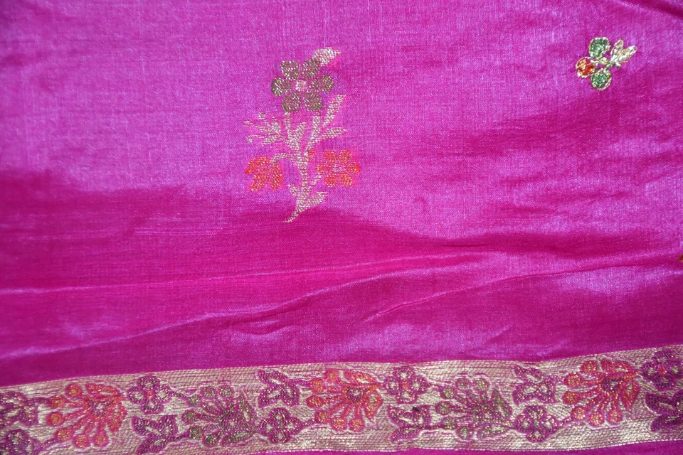 Sari de diseño floral tradicional lentejuelas bordado trabajo rosa pura seda Foto 4 de 4