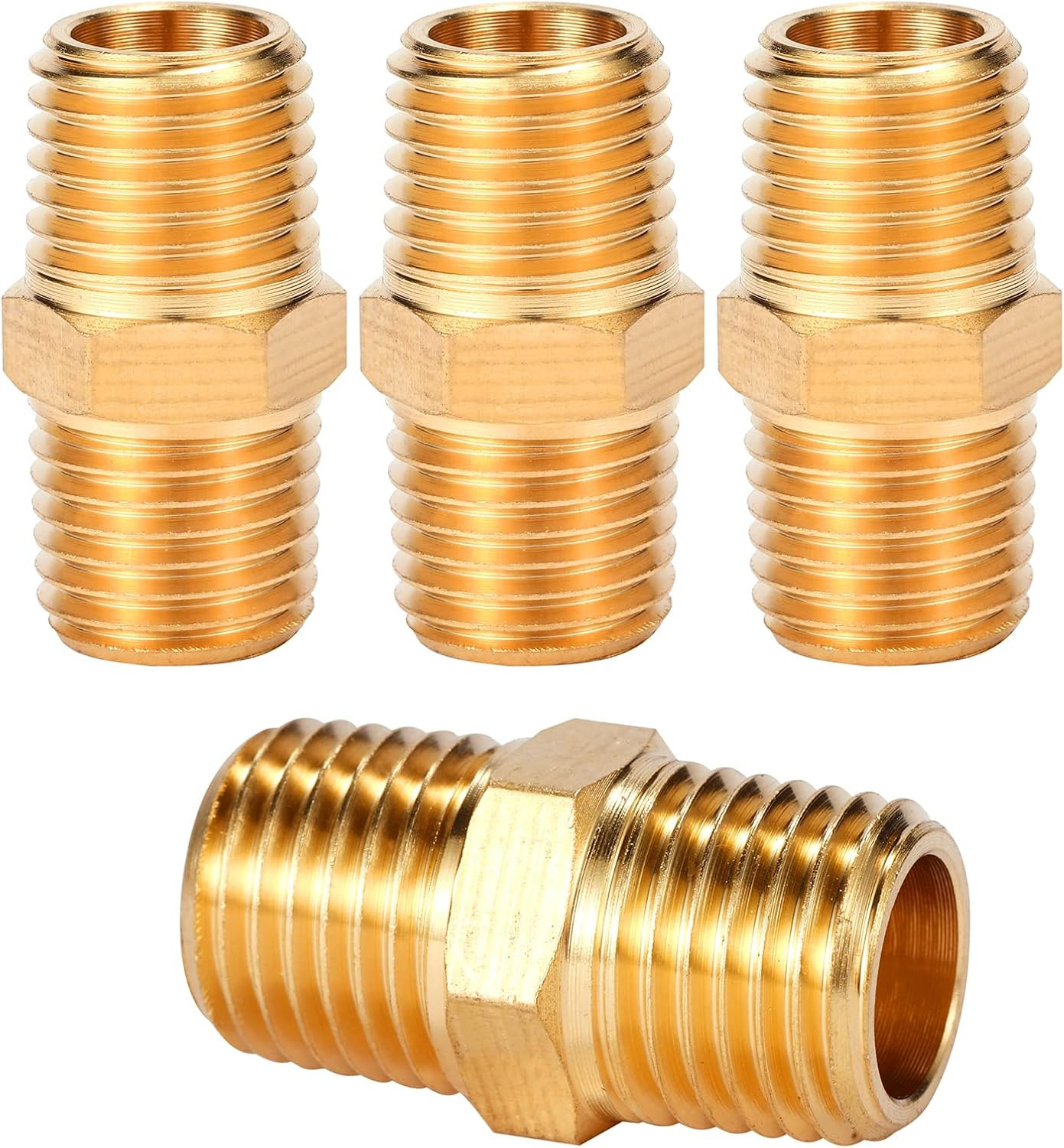 4 Pack Brass Pipe Fitting, Hex Nipple, 1/4" X 1/4" NPT Male