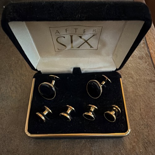 Vintage After Six 14KT Gold Plated Onyx Cufflinks & Studs Set, Boxed, Orig. Tag