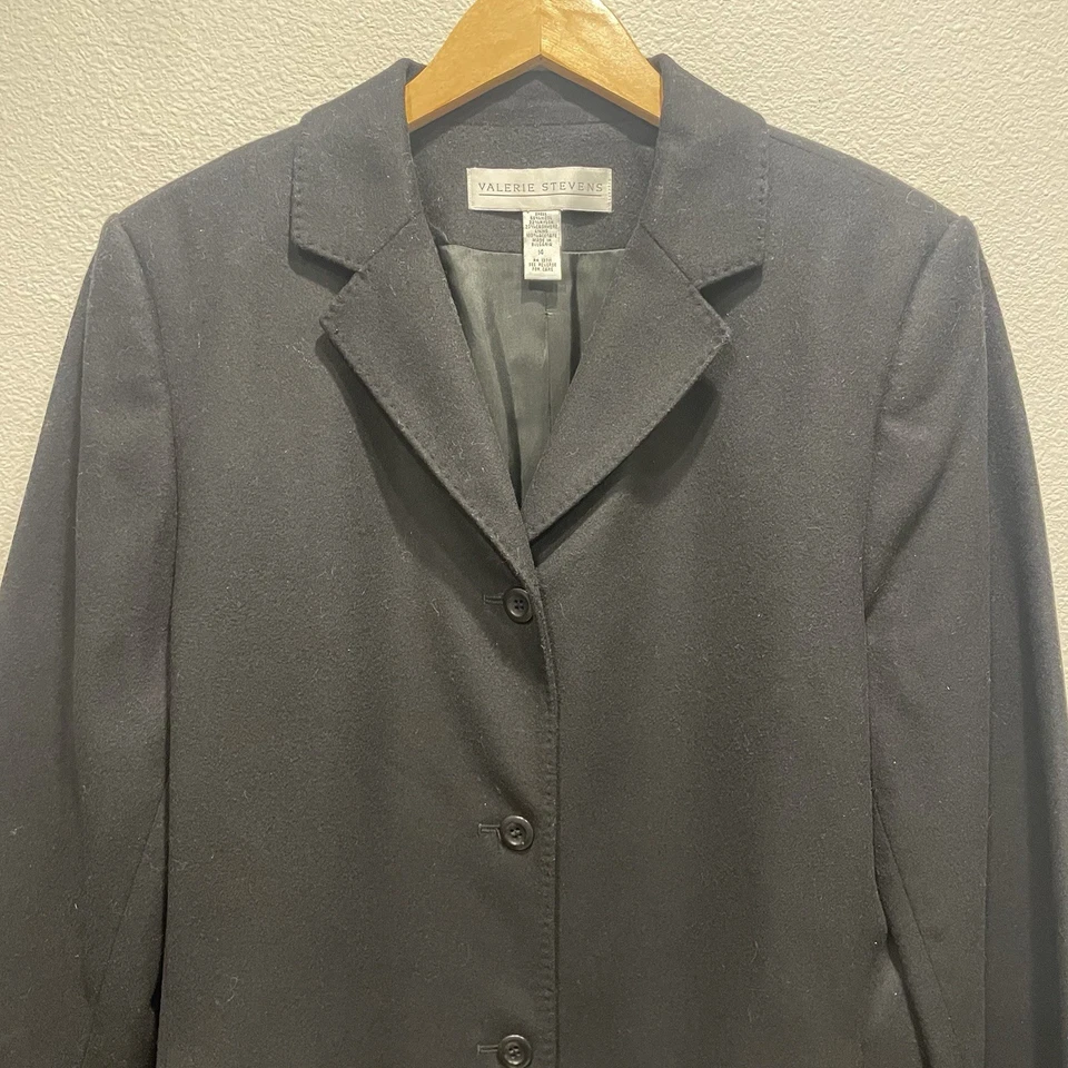 Chaqueta Blazer Valerie Stevens Talla 14 Negra Lana Mezcla Cachemira 3 Botones Carrera Foto 4 de 4