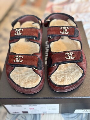AUTHENTIC CHANEL Dad Ponyhair Sandals, 36 Burgundy