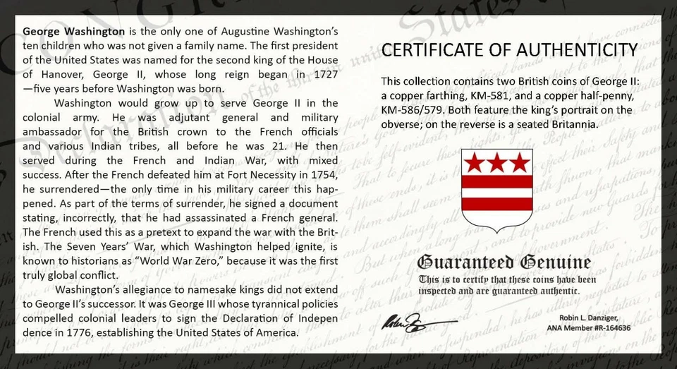 George II: Washington's Namesake King Copper Farthing KM-581 y medio centavo KM-586 Foto 3 de 4