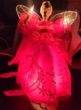 Lighted Red Angel  Silver Wings Tree Topper Tabletop 10" Porcelain Head And Face