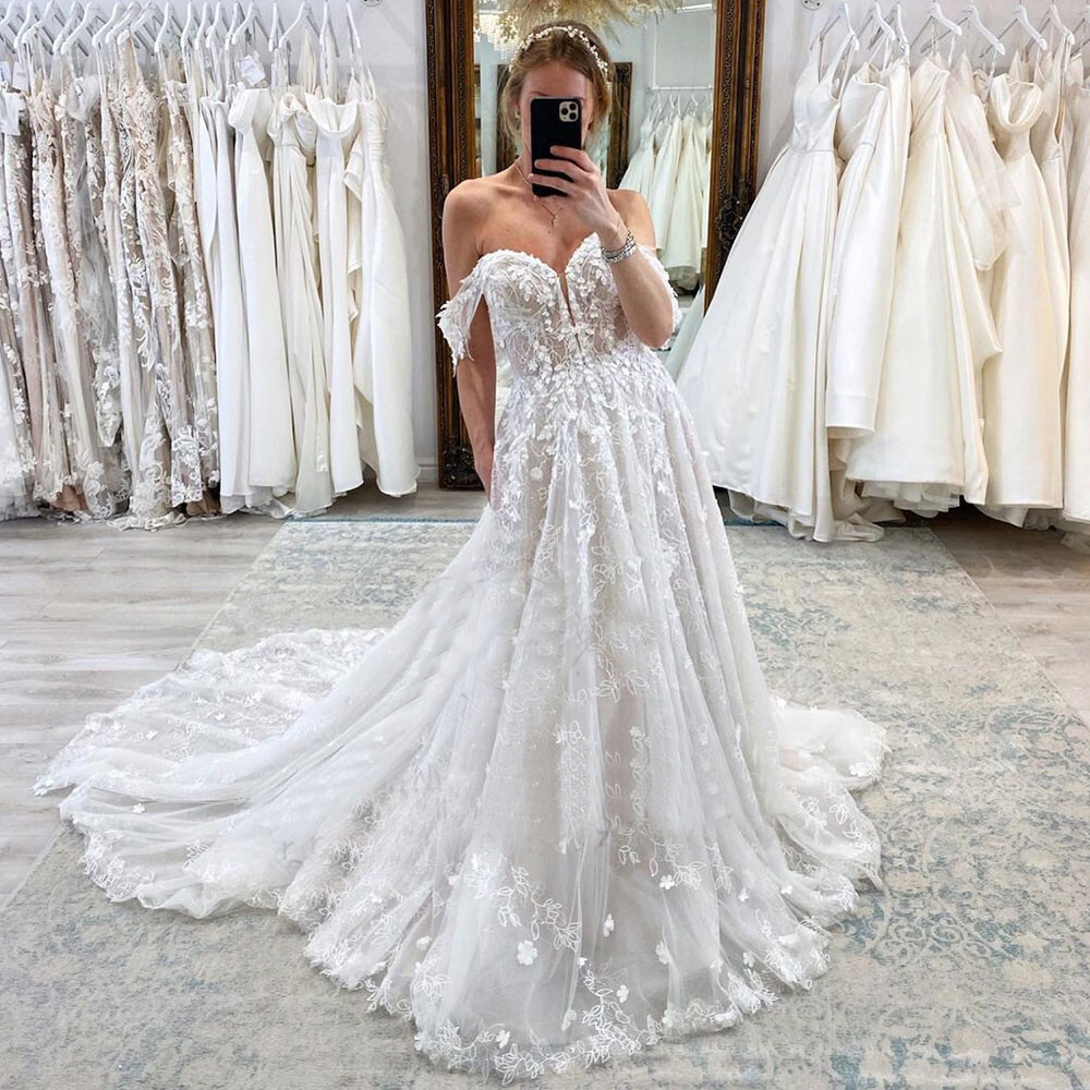 Off Shoulder Gorgeous White Wedding Dresses A-line Lace Applique Bridal  Gowns