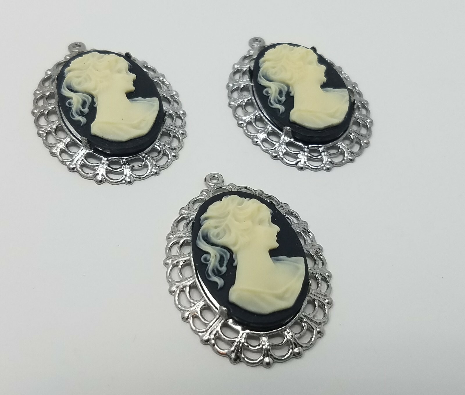 3 pcs 25mm VTG Black Victorian Lady Craft Jewelry Cameos Silver Filigree Setting