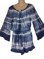 American Eagle Blue Tie Dye Romper Small S BOHO HIPPIE Pockets Tassels Vacation