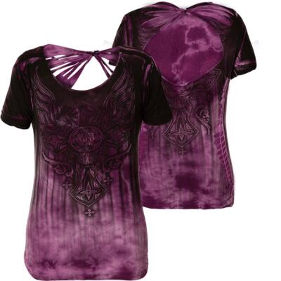New Women's Affliction Purple Rome Rhinestone & Cross Wings T-Shirt Top S-XXL