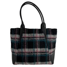 Treasure & Bond Black Windowpane Tartan Plaid Wool Leather Large Tote