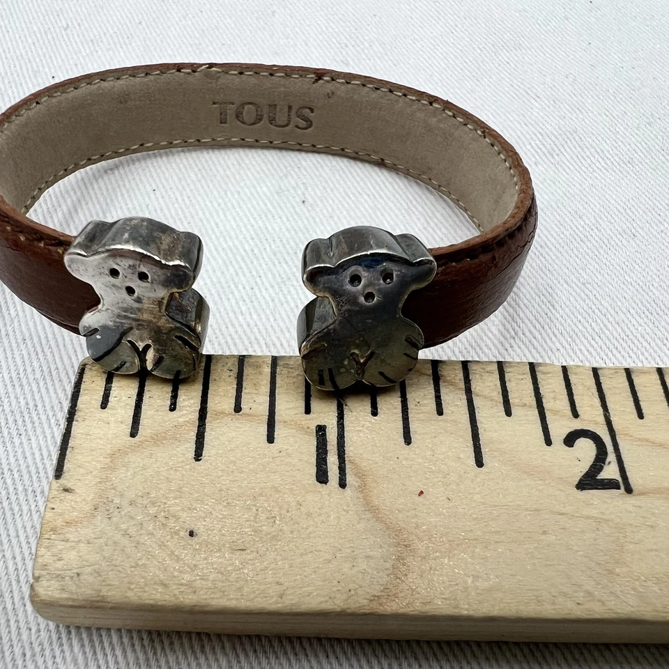 PULSEIRA VINTAGE STERLING TOUS DUPLA FIGURA URSINHO DE PELÚCIA COURO MARROM PUNHO FLEXÍVEL - Imagem 4 de 4