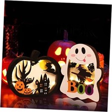 2pcs Halloween Lighted Wooden Table Decoration, Ghost Pumpkin Tabletop Medium