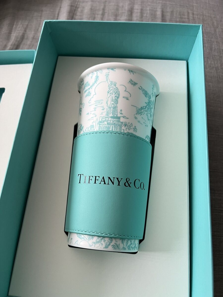 Tiffany Toile Tall Coffee Cup w/Leather Sleeve NYC Landmark Tiffany Toile Tall Coffee Cup w/Leather Sleeve NYC Landmark