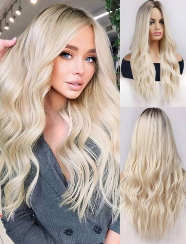Perruque Femme Synthétique - Longue, Blonde Doré Clair, Avec Frange Et Boucles - Neuf Sans étiquettes